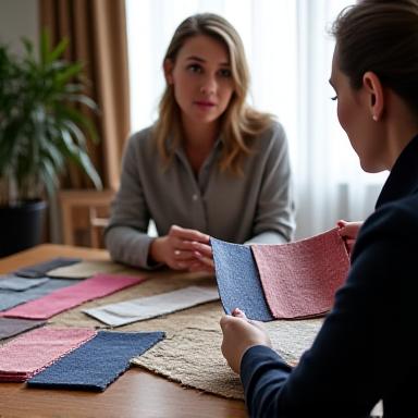 Stylist presenting fabric swatches to a client during a consultation